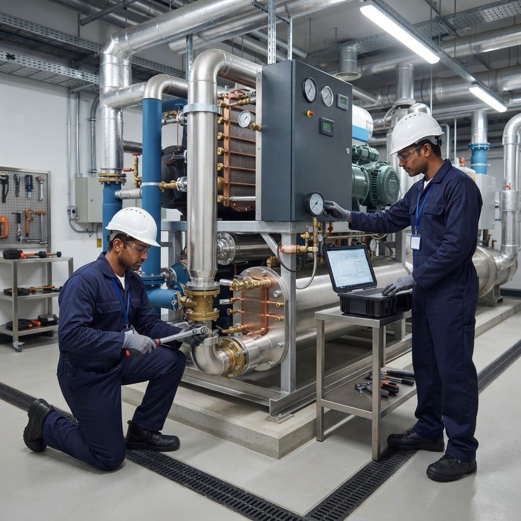 BEC engineers servicing industrial heat exchanger and chiller unit